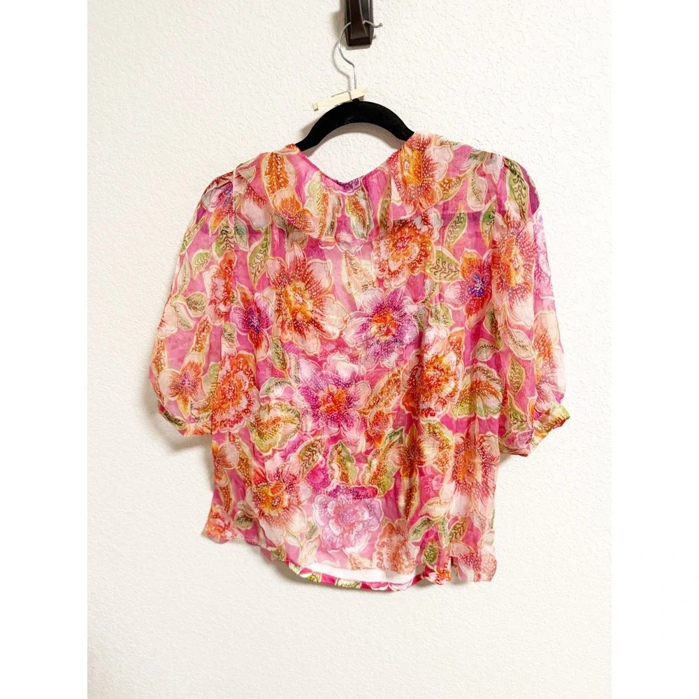 Jade Johnny Was Marcia Ruffle Blouse Silk V Neck Puff Sleeve Floral Pink‎ Large